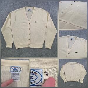 Vintage Izod Lacoste Sweater‎ Mens Medium White Cardigan V Neck Crocodile 80s